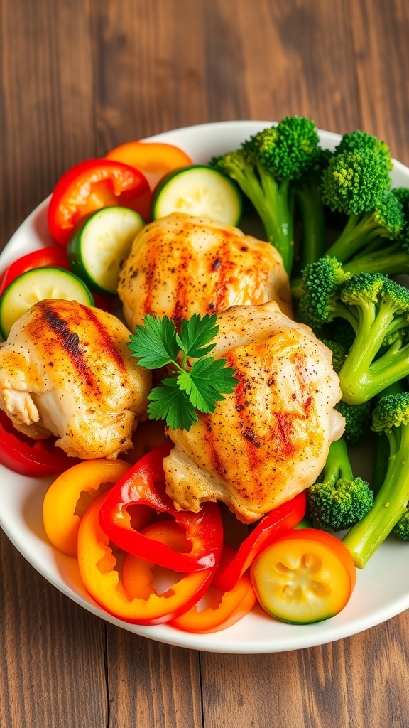 Low carb air fryer chicken and vegetables with bell peppers, zucchini, and broccoli, garnished with parsley.